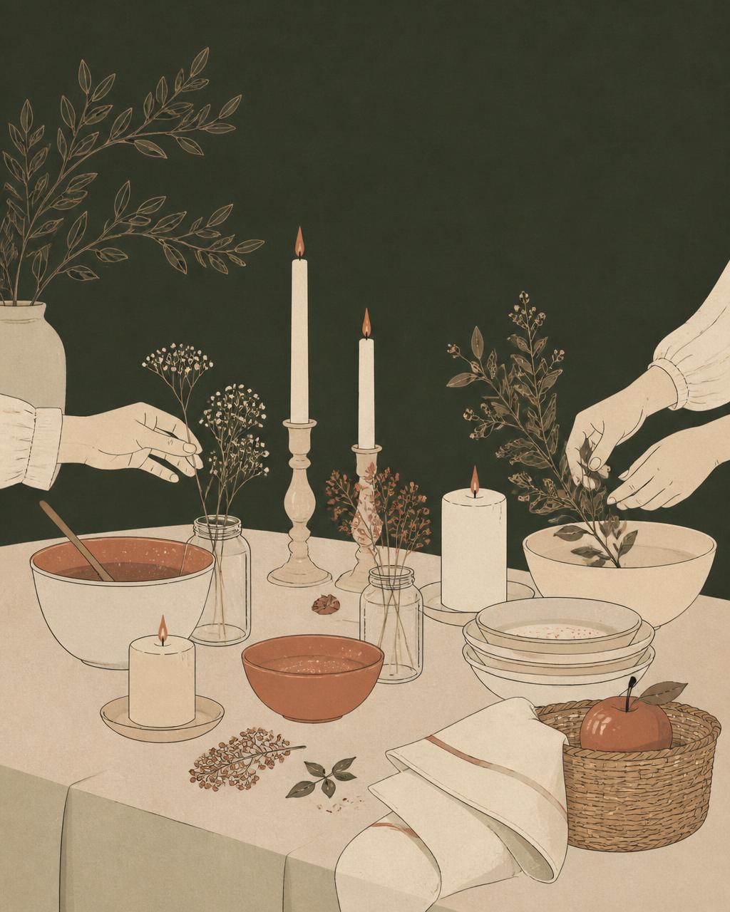 Illustrated arrangement of craft materials: candles, soak salts, beads and botanicals