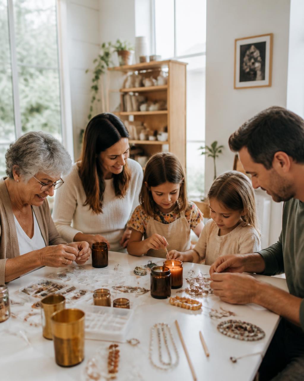 A multi-generational family making candles and jewelry together around a table