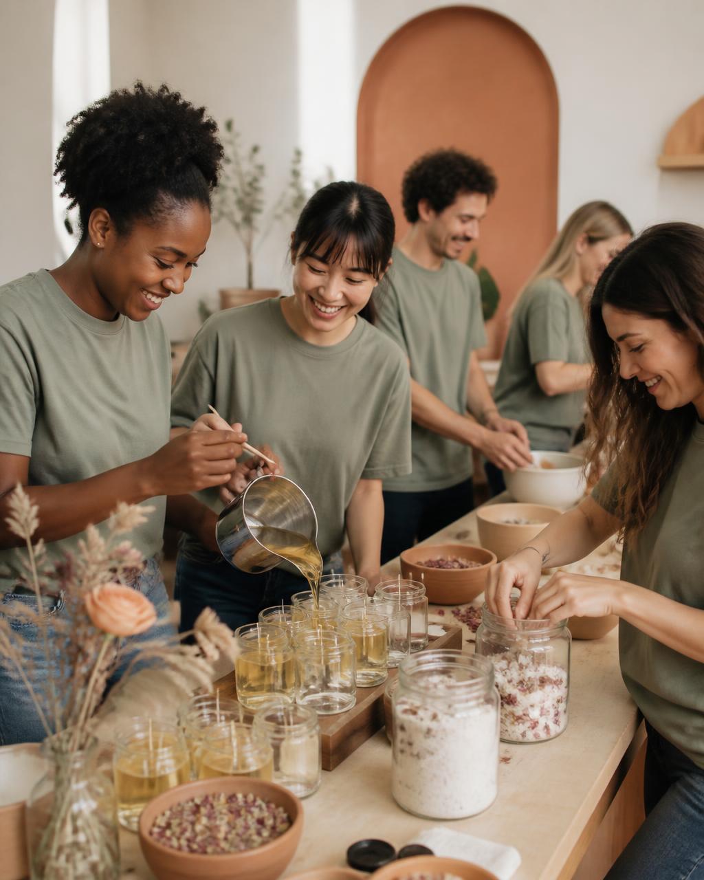 A small team in casual matching shirts pouring candles together at a long table